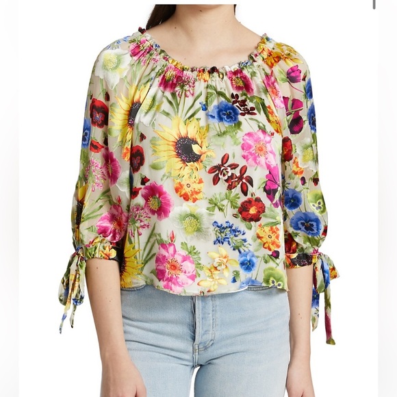 ALICE + OLIVIA Sunday Stroll Floral Off Shoulder Velvet Silk Blouse - Picture 3 of 12